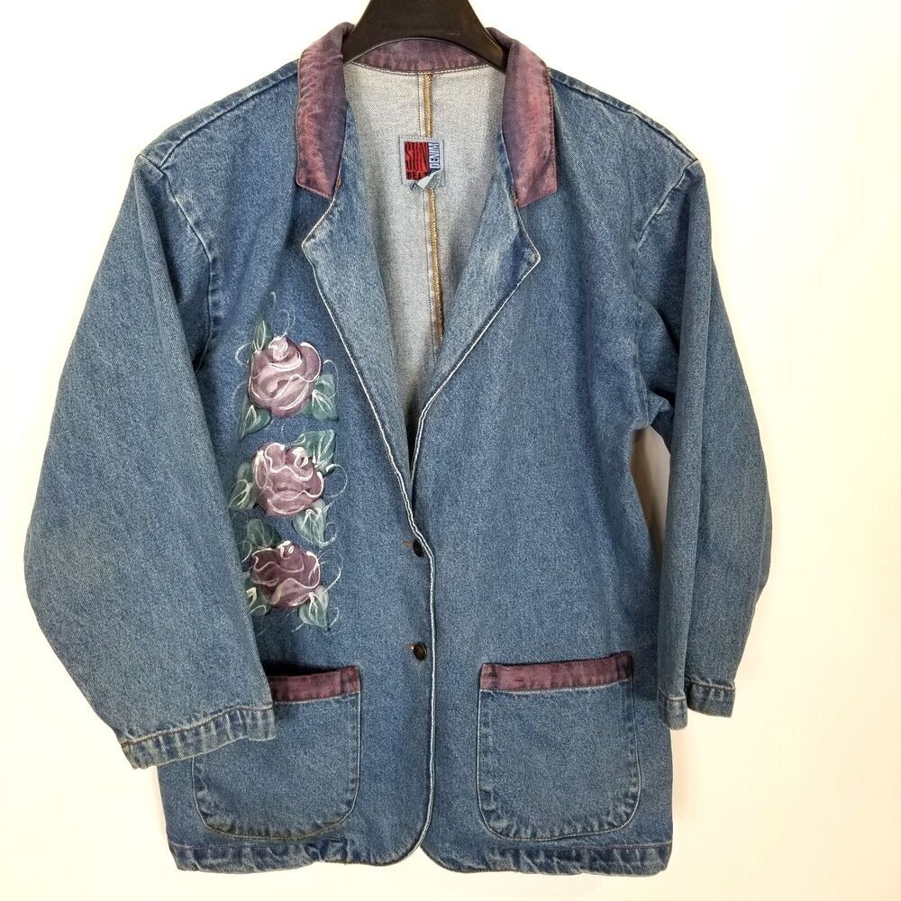 VTG Sunbelt Denim Women Hand Painted Denim Jacket Sz L Blue Button Up Artsy